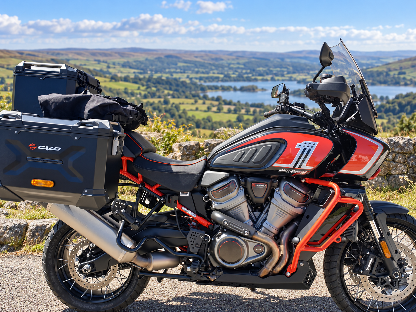 Harley-Davidson CVO Pan America motorcycle, supplied to AnyBike, with digitally edited countryside background