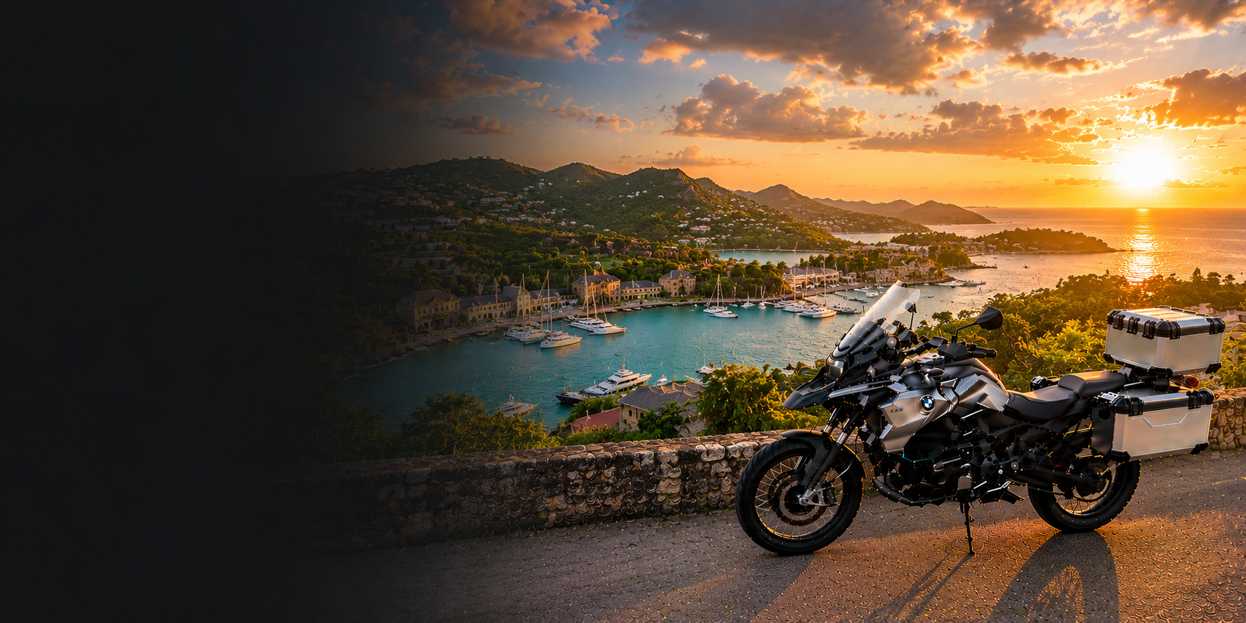 BMW adventure motorcycle beside a the Cliffs of Moher on Antigua & Barbuda's Atlantic coast
