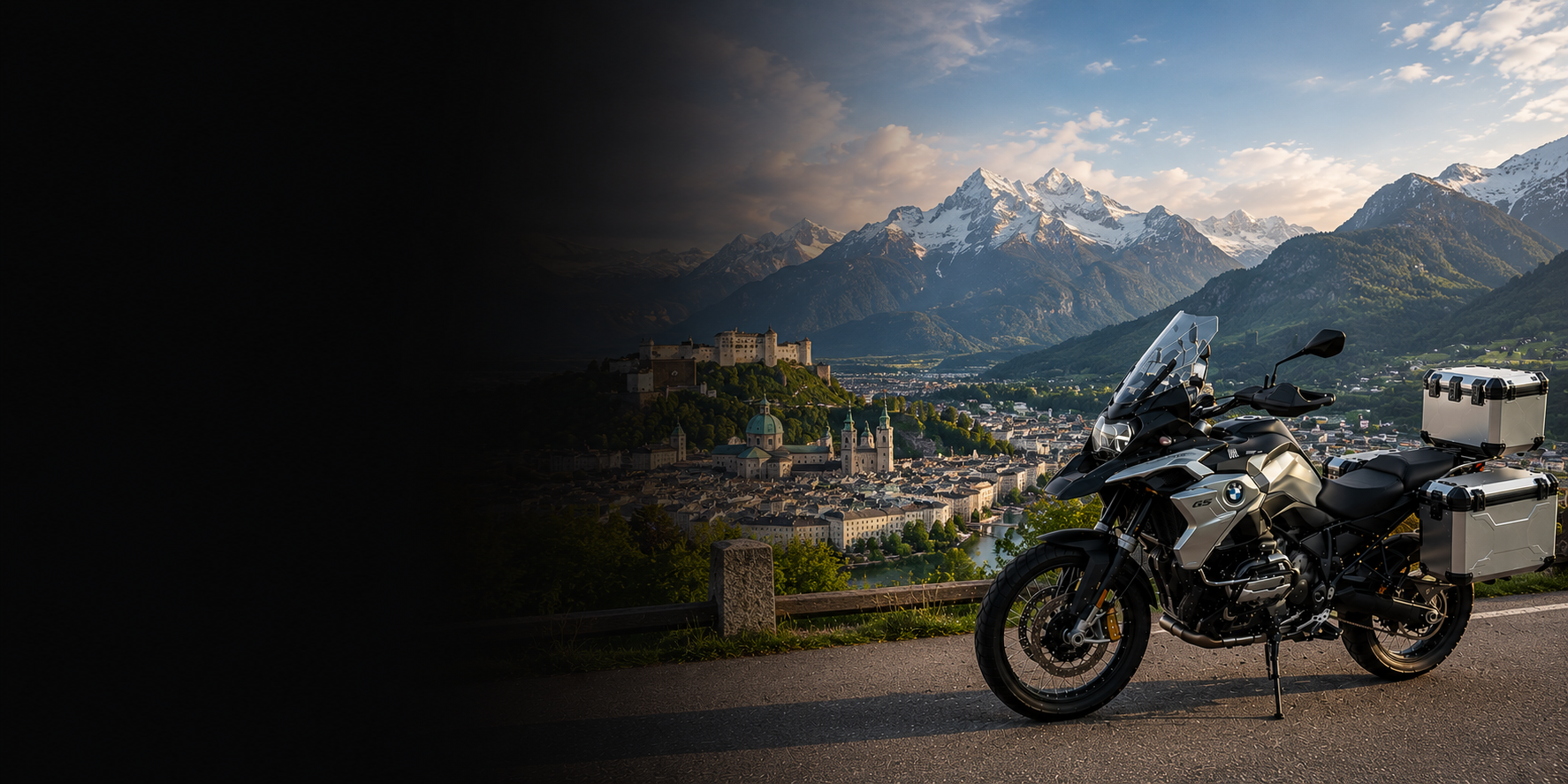 BMW adventure motorcycle beside a the Cliffs of Moher on Austria's Atlantic coast
