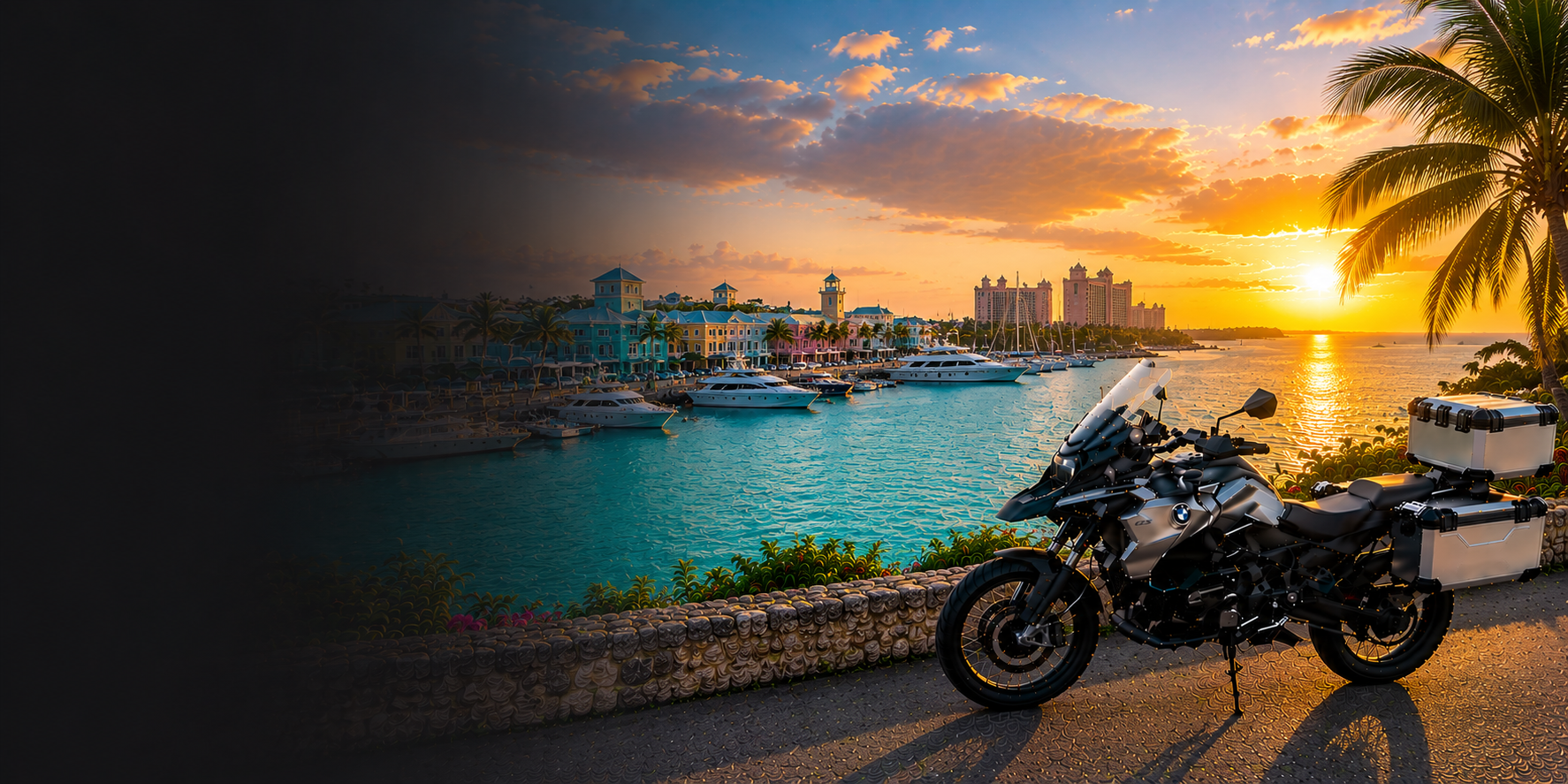 BMW adventure motorcycle beside a the Cliffs of Moher on Bahamas's Atlantic coast