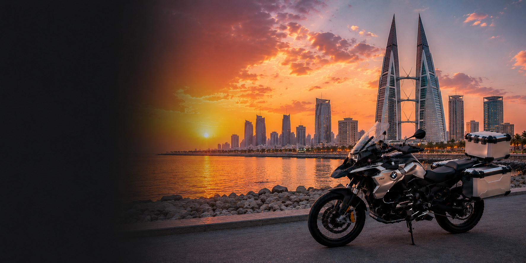 BMW adventure motorcycle beside a the Cliffs of Moher on Bahrain's Atlantic coast