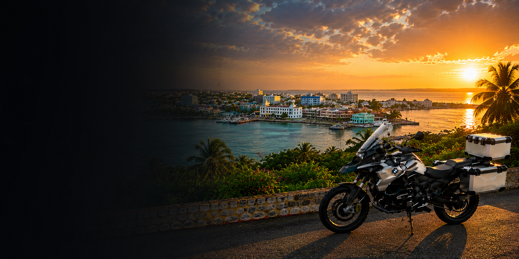 BMW adventure motorcycle beside a the Cliffs of Moher on Belize's Atlantic coast