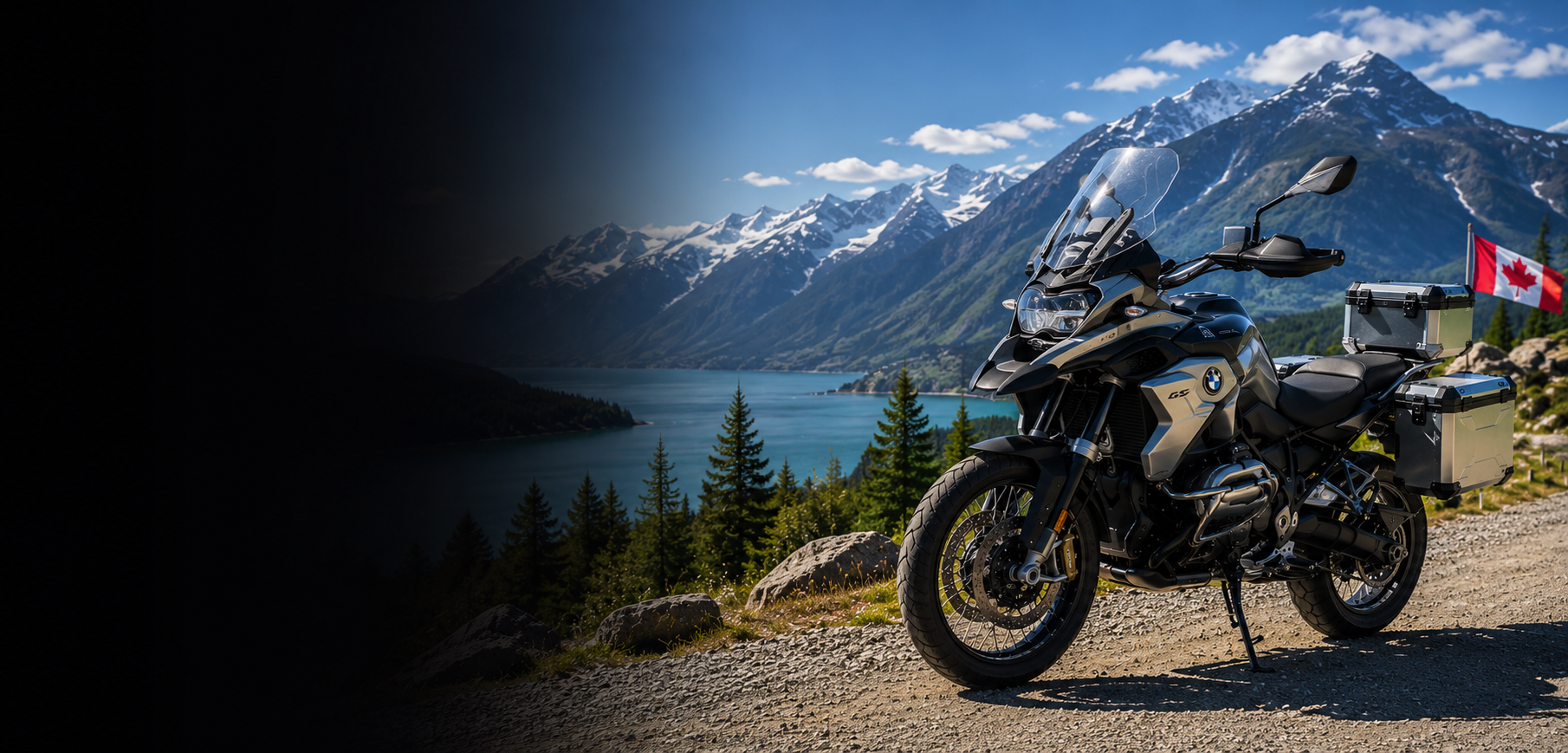 BMW adventure motorcycle beside a scenic Canadian mountain lake