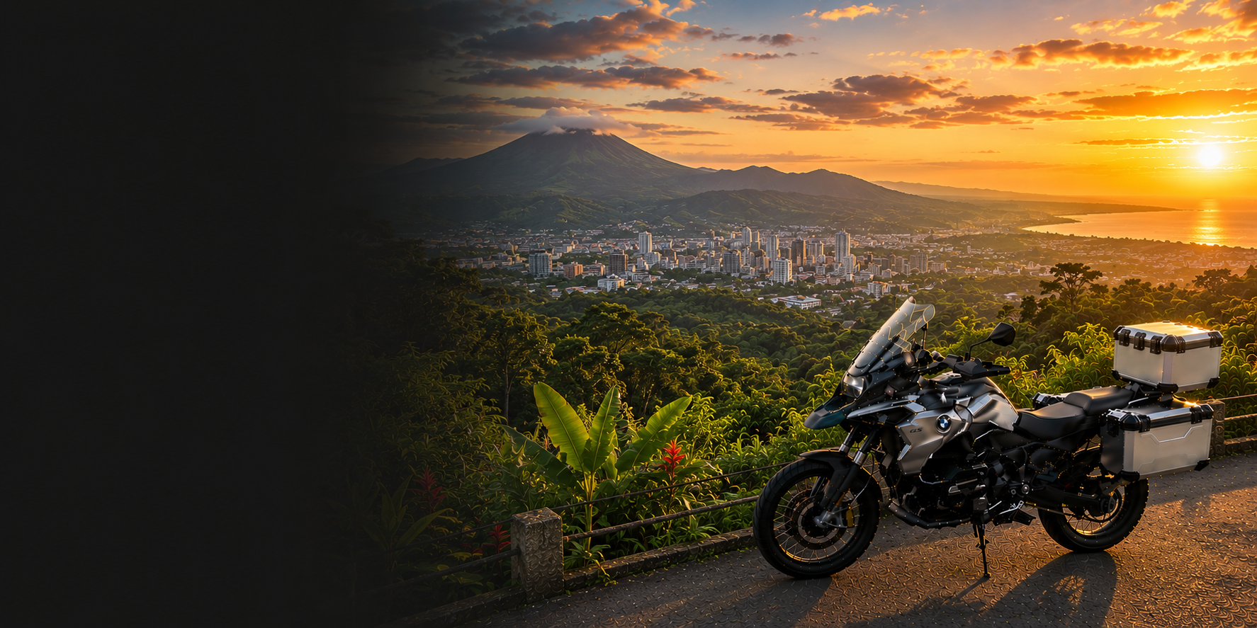 BMW adventure motorcycle beside a the Cliffs of Moher on Costa Rica's Atlantic coast