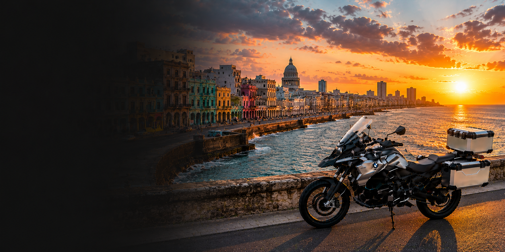 BMW adventure motorcycle beside a the Cliffs of Moher on Cuba's Atlantic coast