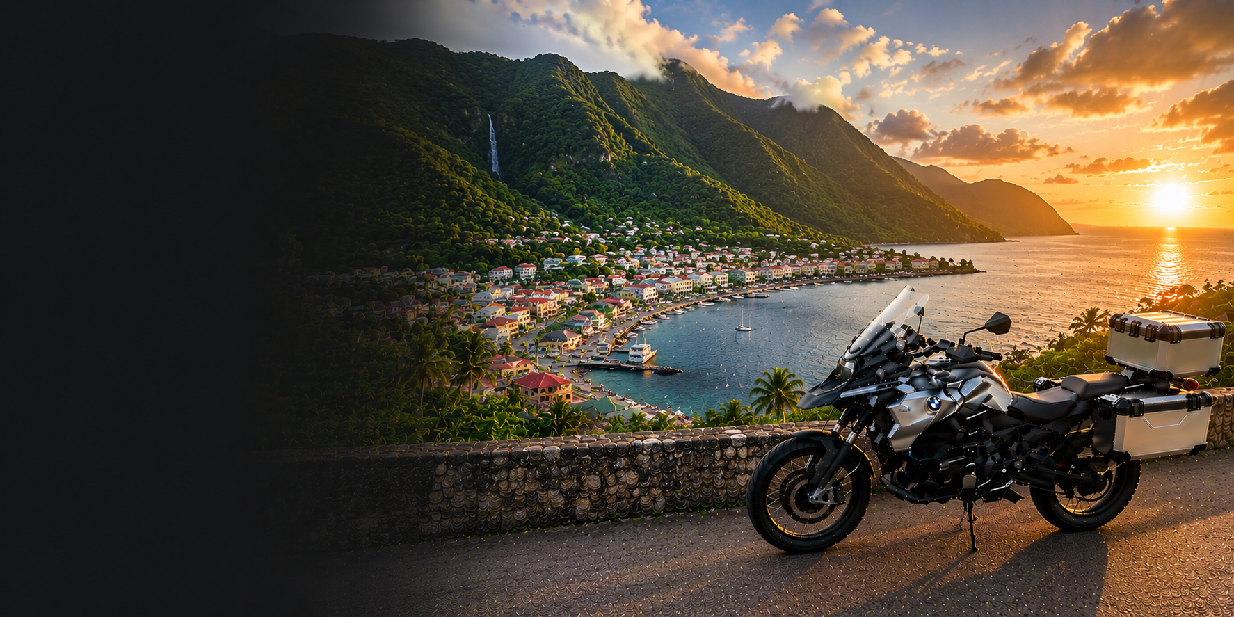 BMW adventure motorcycle beside a the Cliffs of Moher on Dominica's Atlantic coast