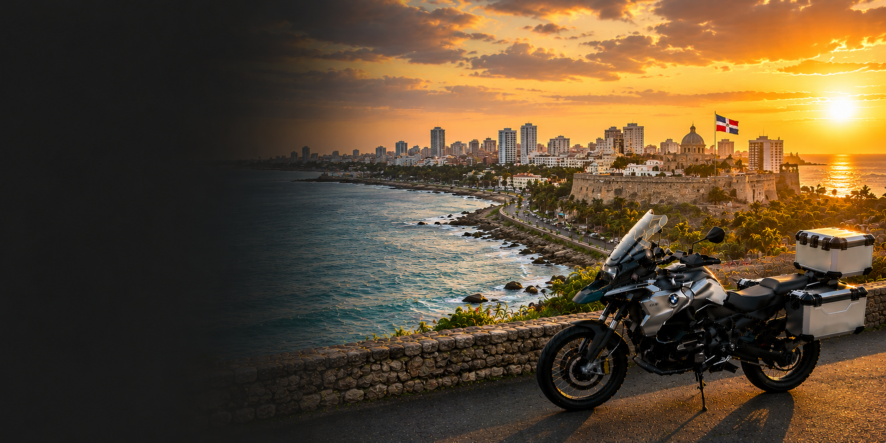 BMW adventure motorcycle beside a the Cliffs of Moher on Dominican Republic's Atlantic coast
