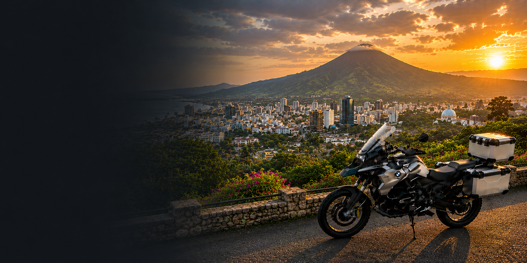 BMW adventure motorcycle beside a the Cliffs of Moher on El Salvador's Atlantic coast