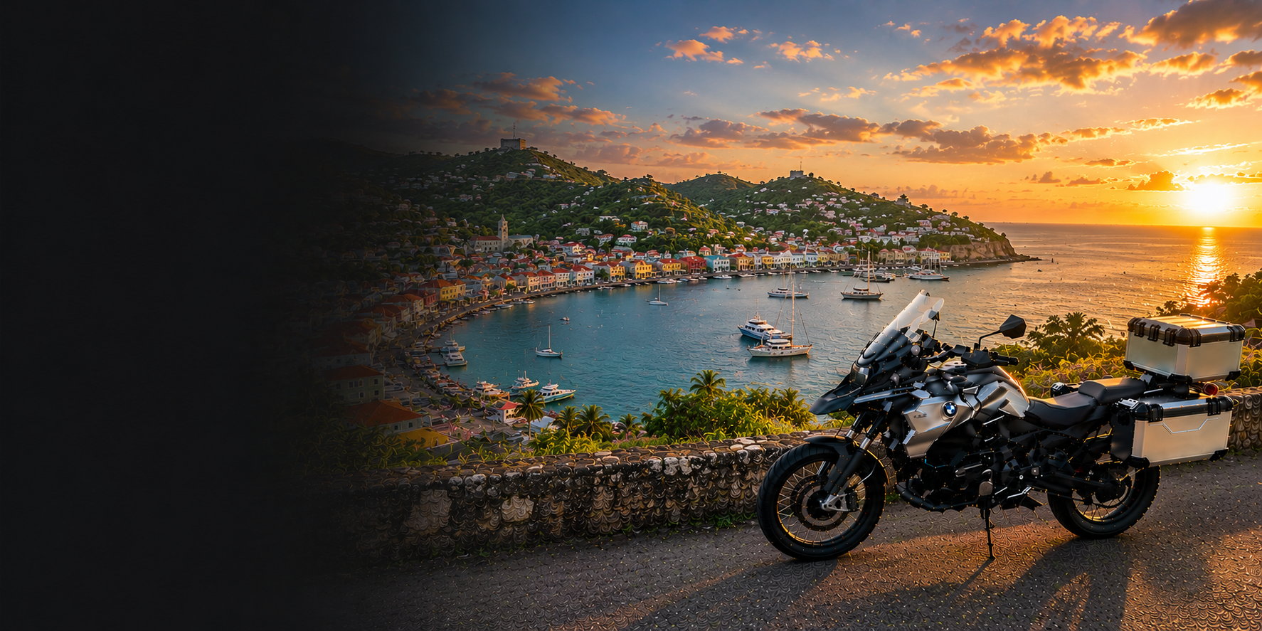 BMW adventure motorcycle beside a the Cliffs of Moher on Grenada's Atlantic coast