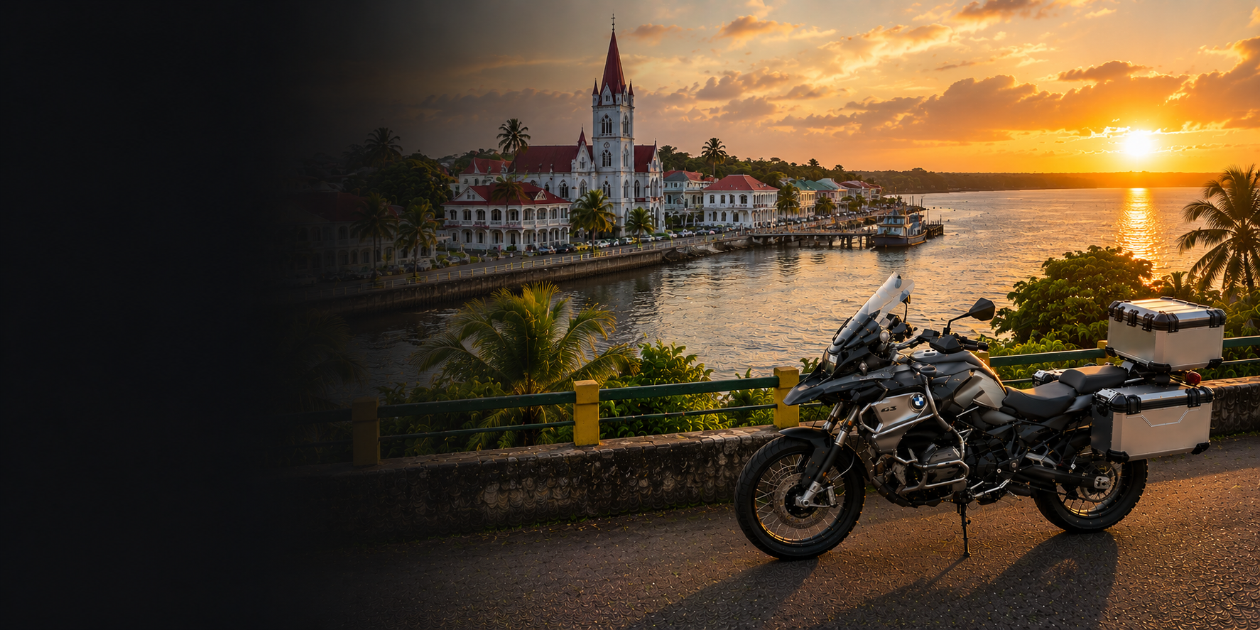 BMW adventure motorcycle beside a the Cliffs of Moher on Guyana's Atlantic coast