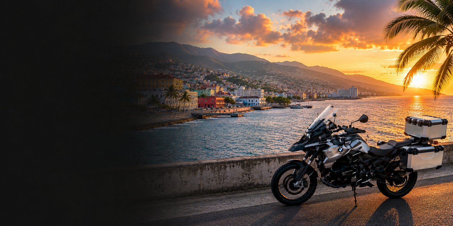 BMW adventure motorcycle beside a the Cliffs of Moher on Haiti's Atlantic coast