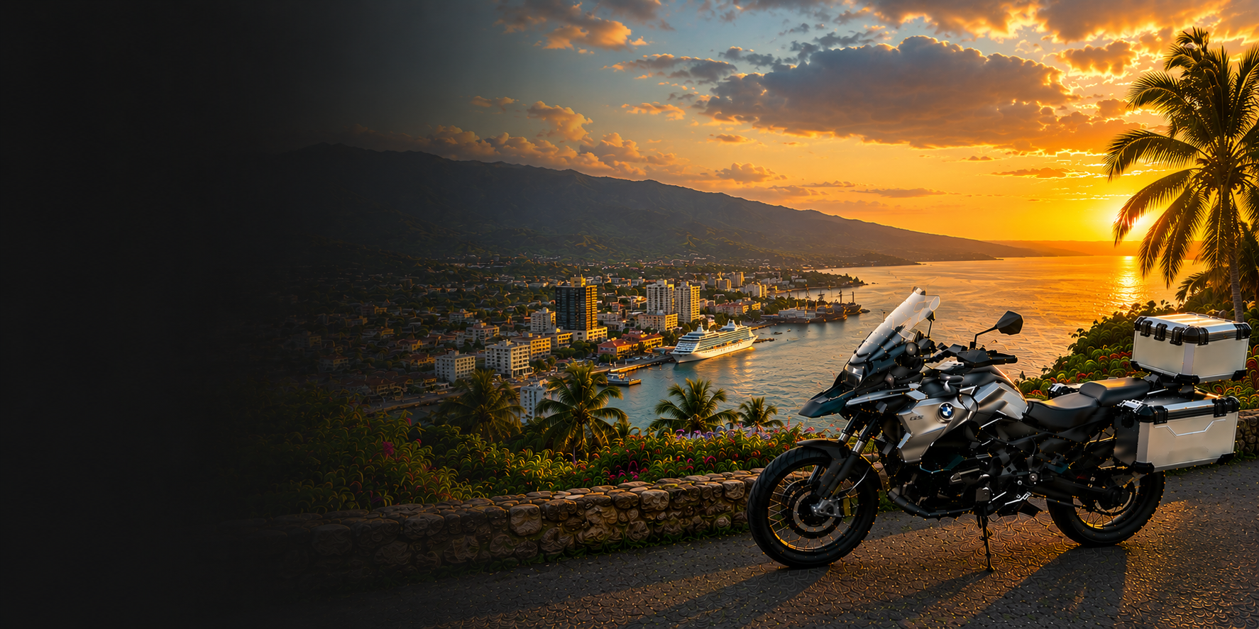 BMW adventure motorcycle beside a the Cliffs of Moher on Jamaica's Atlantic coast