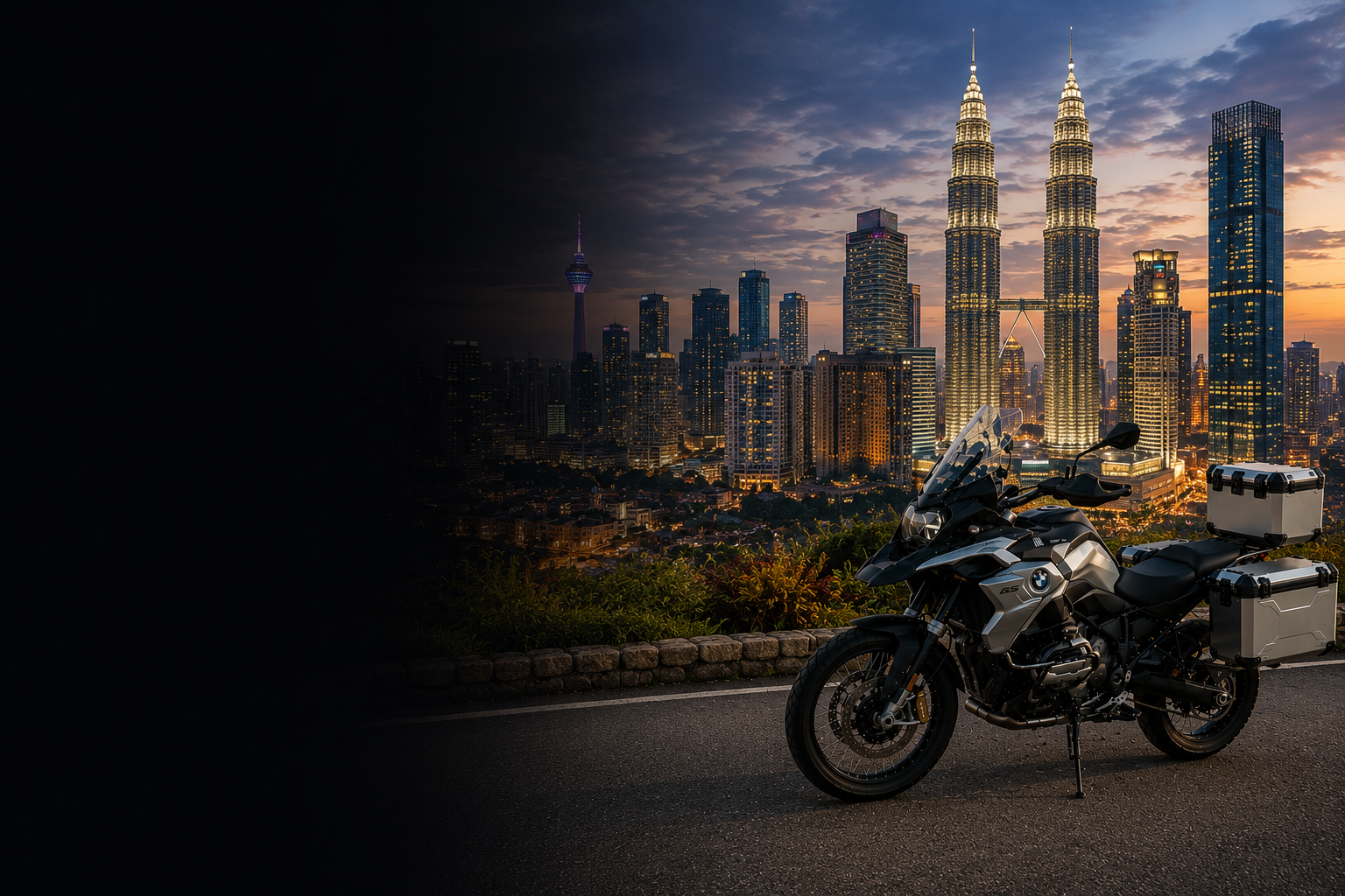 BMW adventure motorcycle beside a the Cliffs of Moher on Malaysia's Atlantic coast