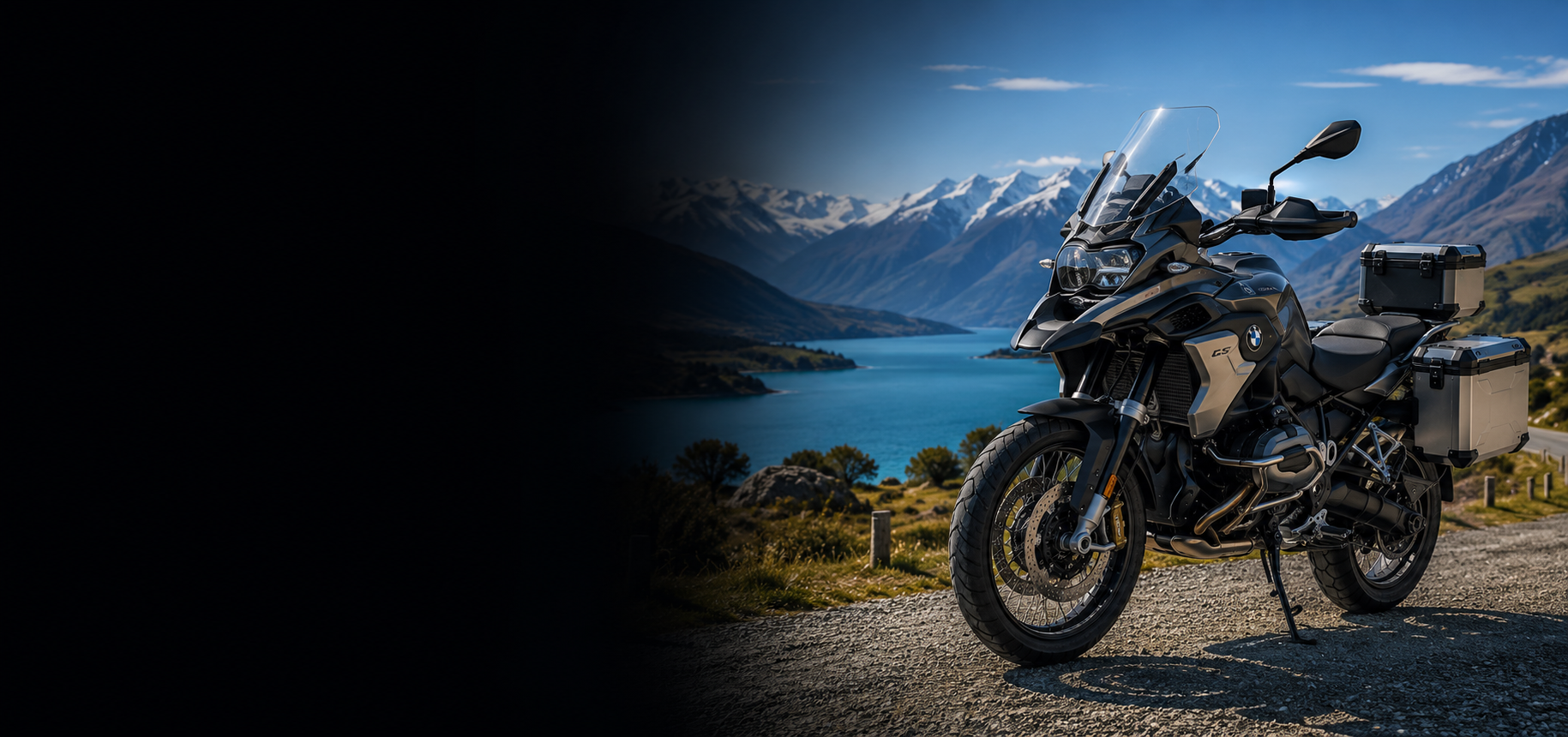 BMW adventure motorcycle beside a scenic New Zealand mountain lake