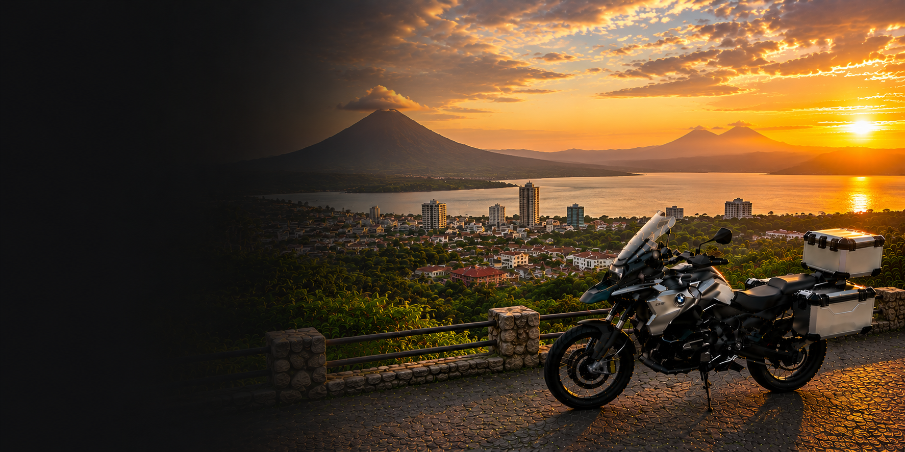 BMW adventure motorcycle beside a the Cliffs of Moher on Nicaragua's Atlantic coast
