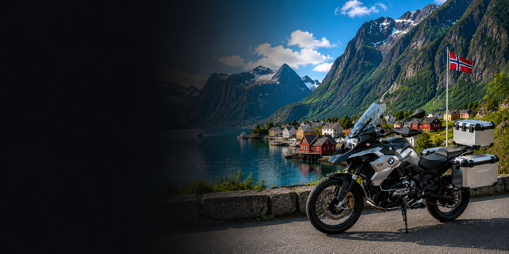 BMW adventure motorcycle beside a the Cliffs of Moher on Norway's Atlantic coast