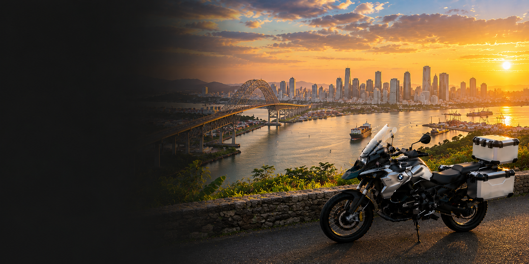 BMW adventure motorcycle beside a the Cliffs of Moher on Panama's Atlantic coast