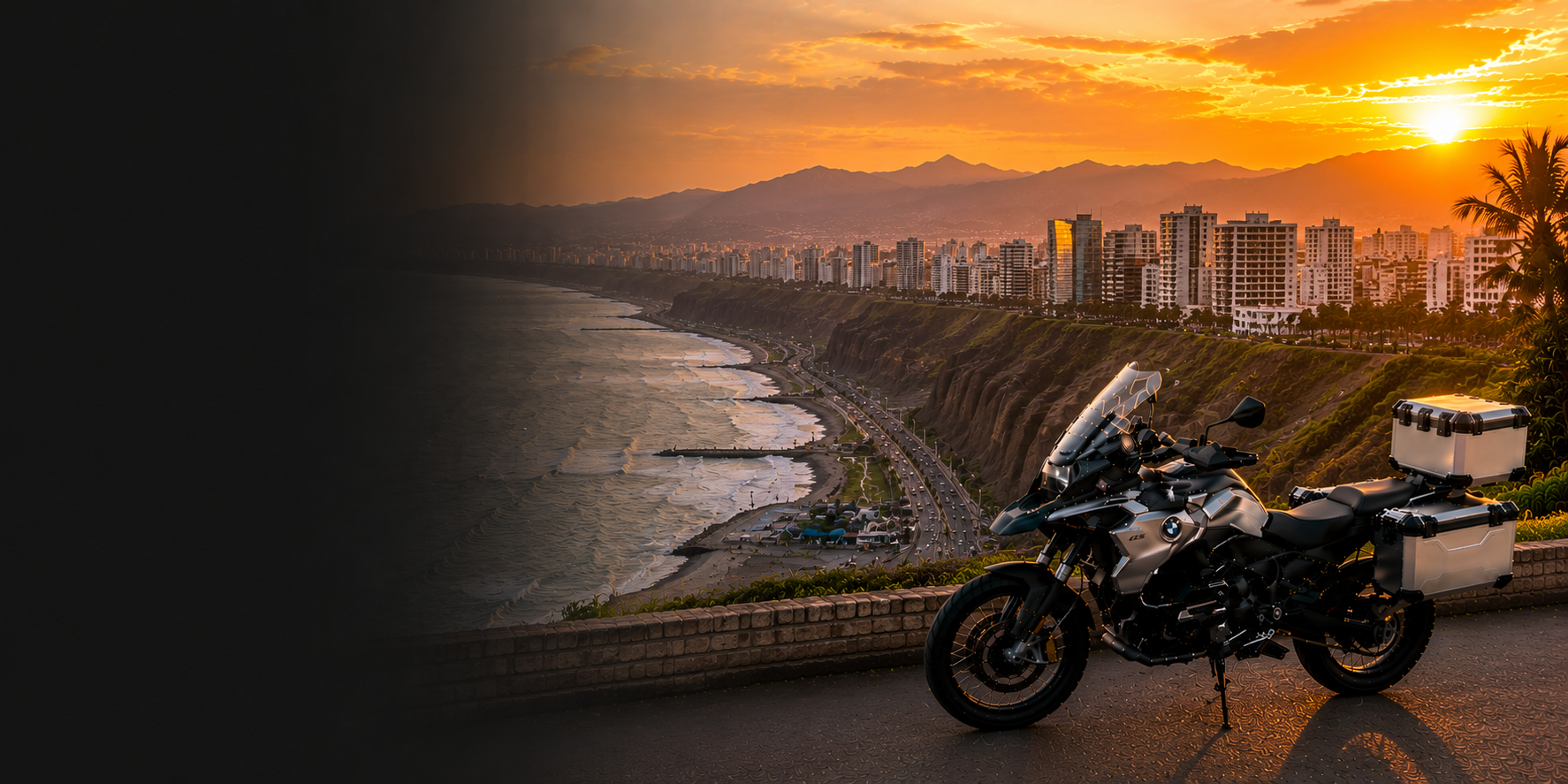 BMW adventure motorcycle beside a the Cliffs of Moher on Peru's Atlantic coast