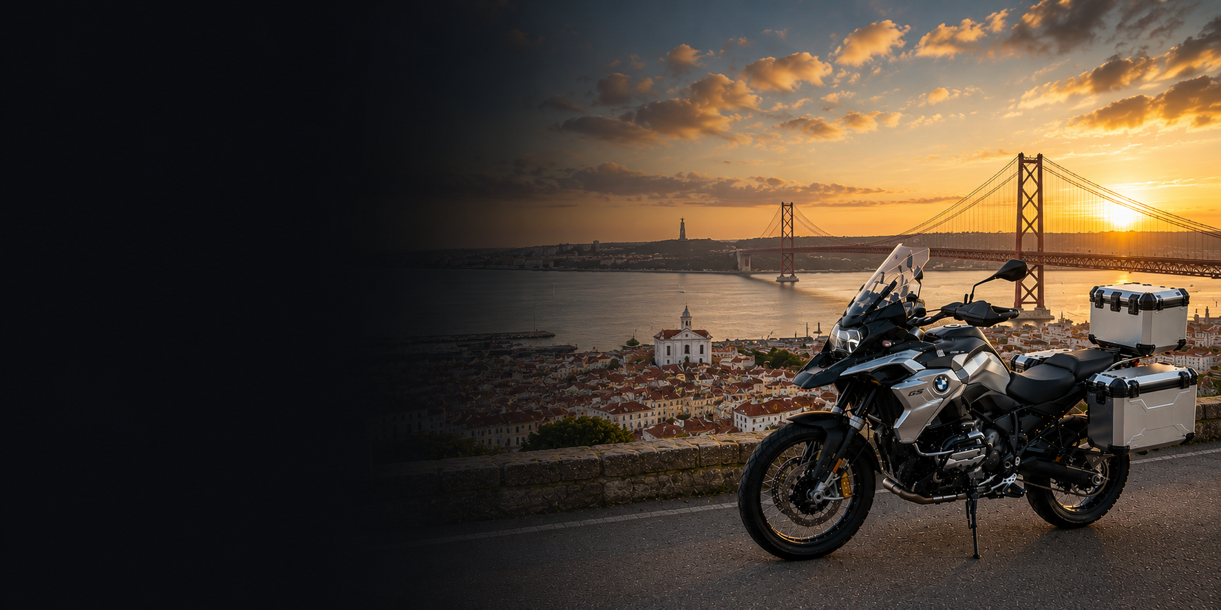 BMW adventure motorcycle beside a the Cliffs of Moher on Portugal's Atlantic coast