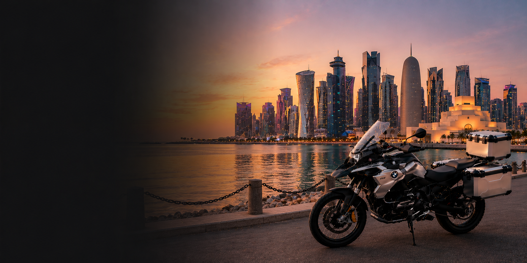 BMW adventure motorcycle beside a the Cliffs of Moher on Qatar's Atlantic coast