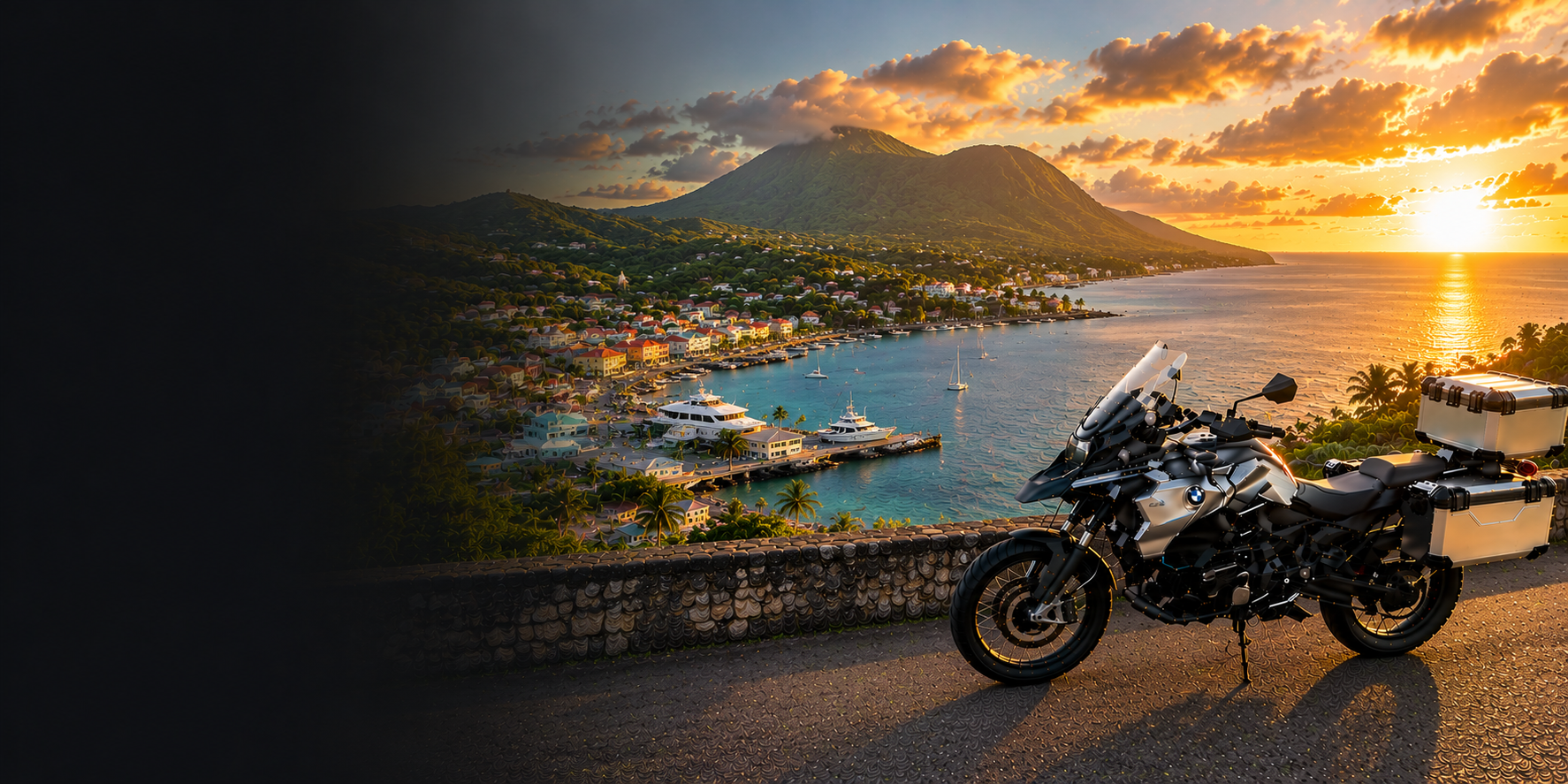 BMW adventure motorcycle beside a the Cliffs of Moher on Saint Kitts & Nevis's Atlantic coast