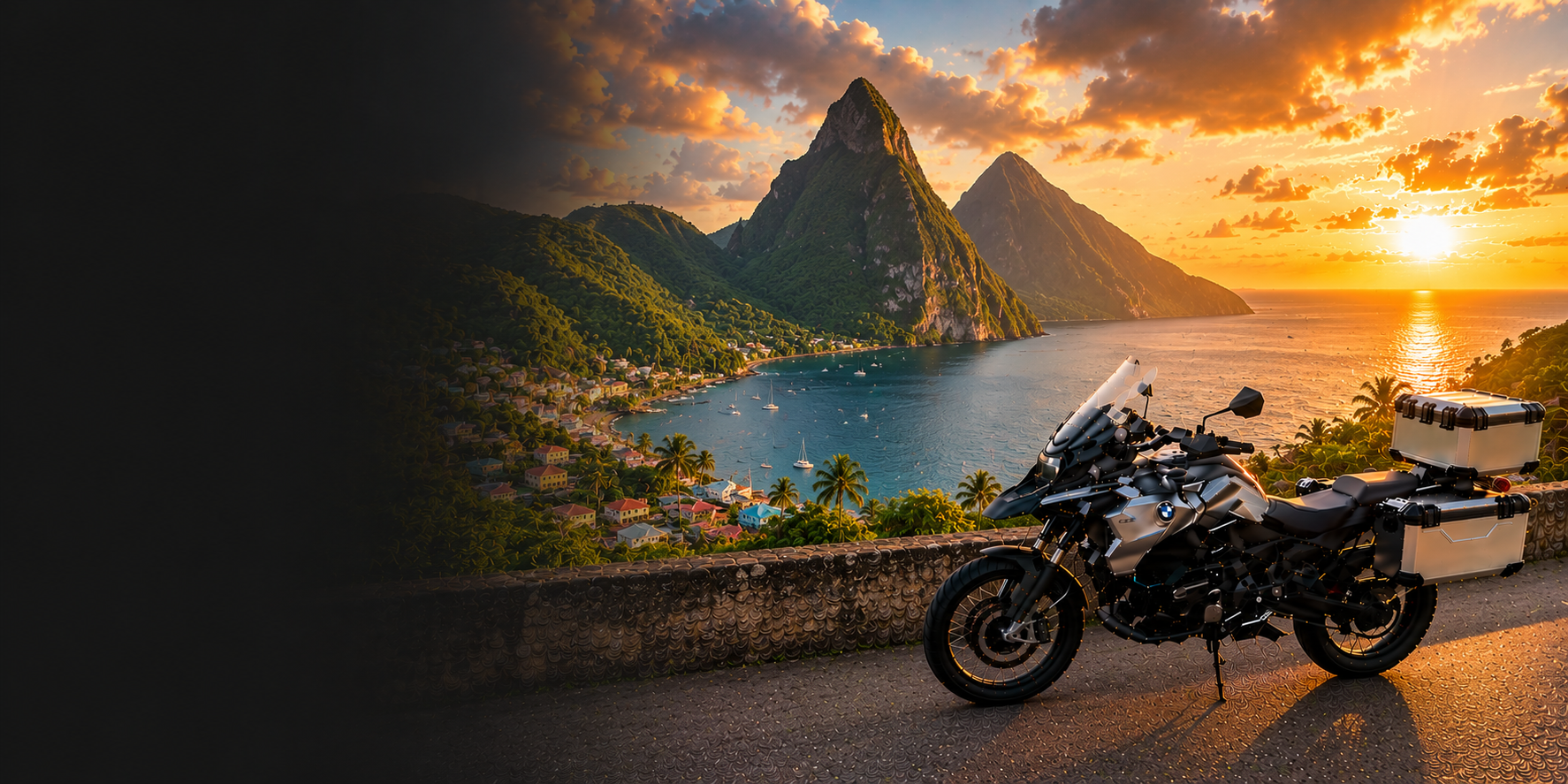 BMW adventure motorcycle beside a the Cliffs of Moher on Saint Lucia's Atlantic coast