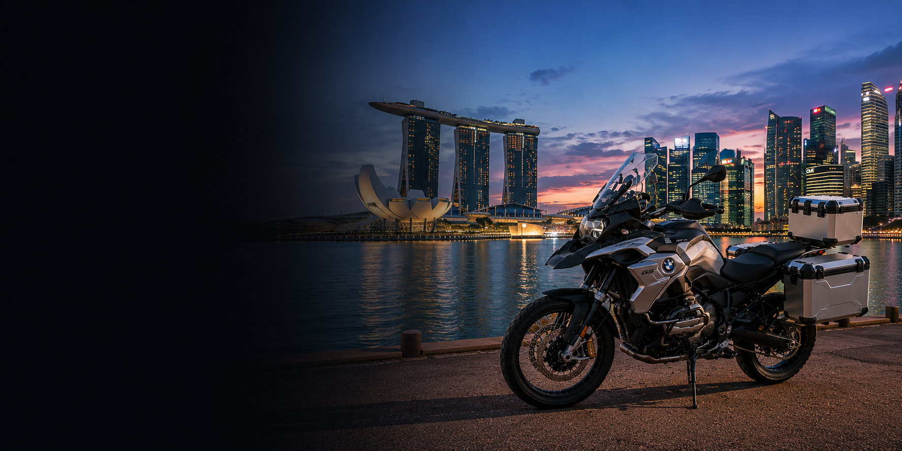 BMW adventure motorcycle beside a the Cliffs of Moher on Singapore's Atlantic coast