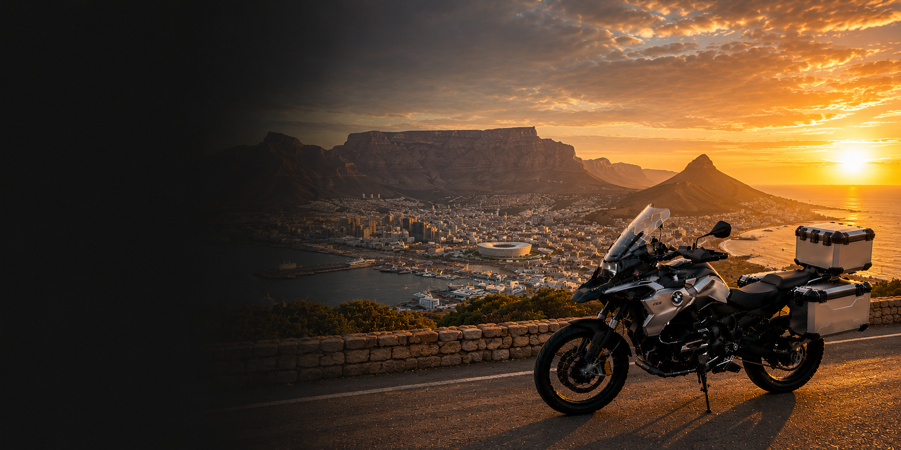 BMW adventure motorcycle beside a the Cliffs of Moher on South Africa's Atlantic coast