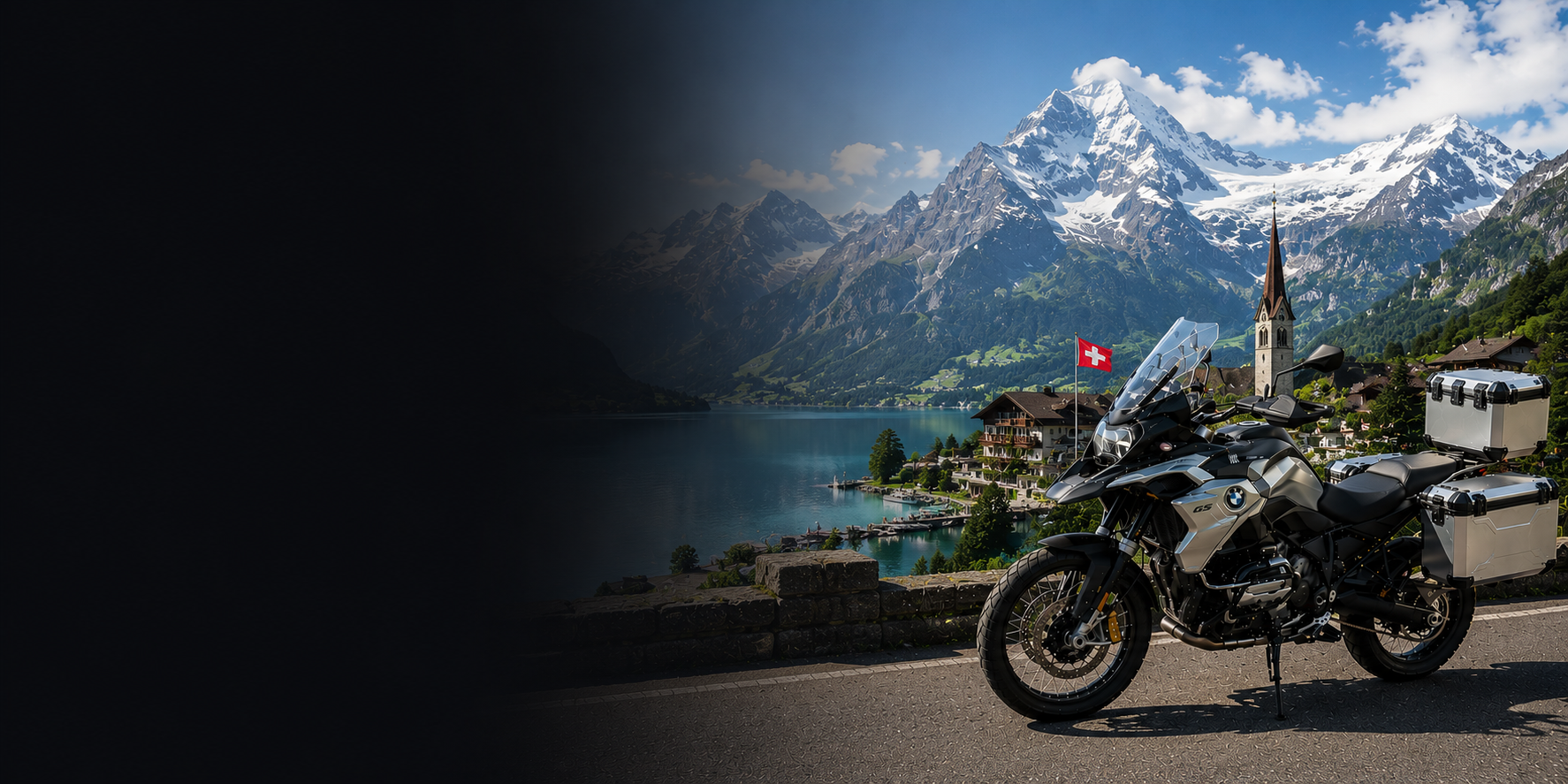 BMW adventure motorcycle beside a the Cliffs of Moher on Switzerland's Atlantic coast