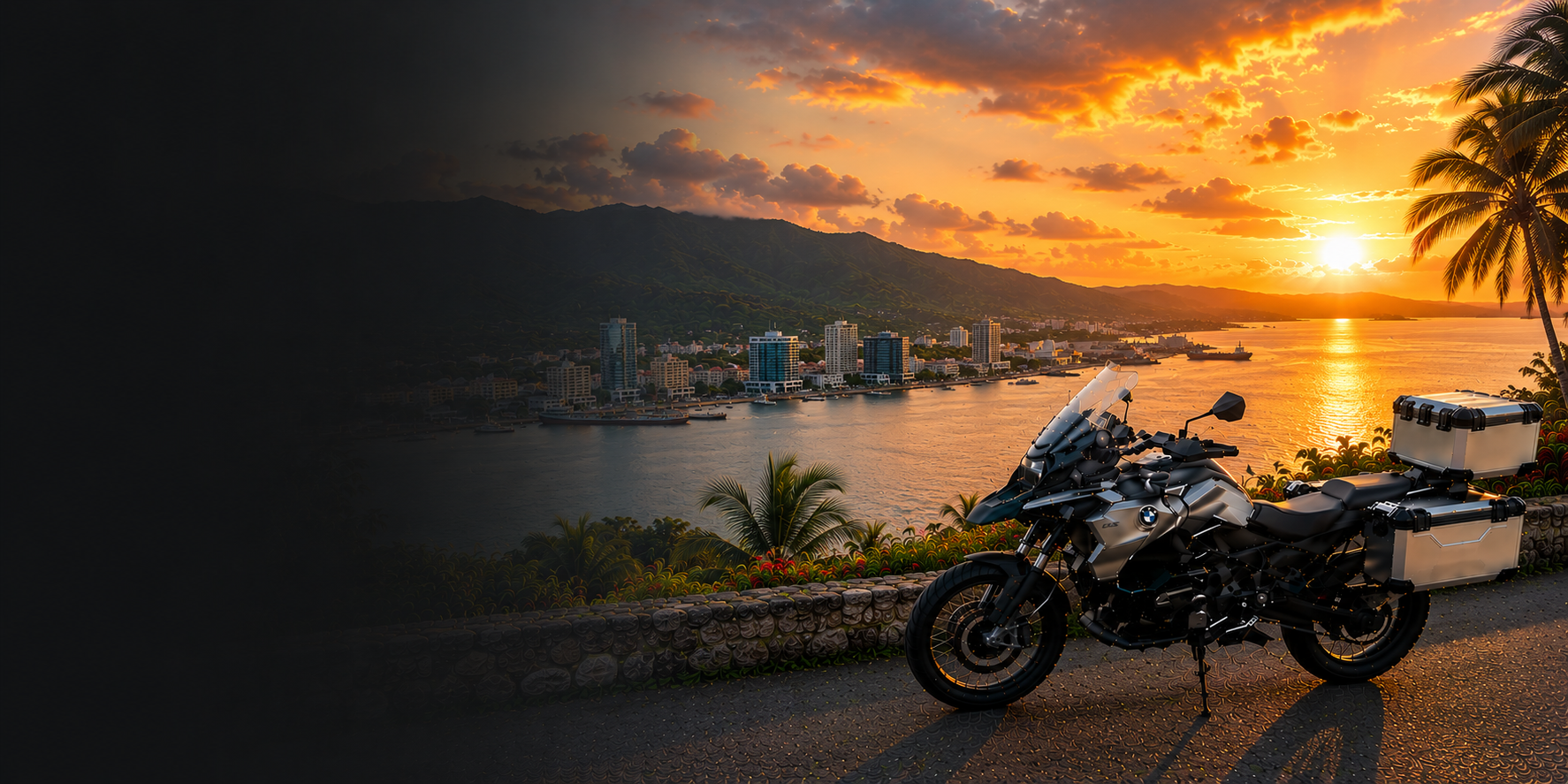 BMW adventure motorcycle beside a the Cliffs of Moher on Trinidad & Tobago's Atlantic coast